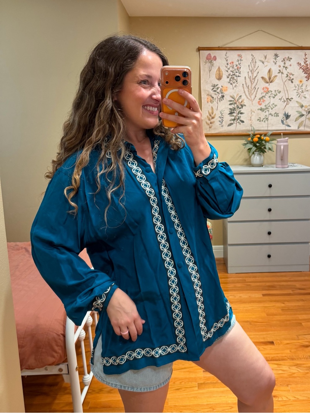 Vintage Silk Diane Von Furstenberg Teal Embroidered Women's Tunic Large